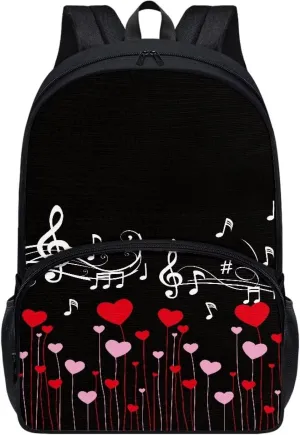 PinUp Angel Black Red Heart White Musical Print Cute School Backpack for Boys Girls Teens Kids' School Bookbags Casual Travel Laptop School Bag