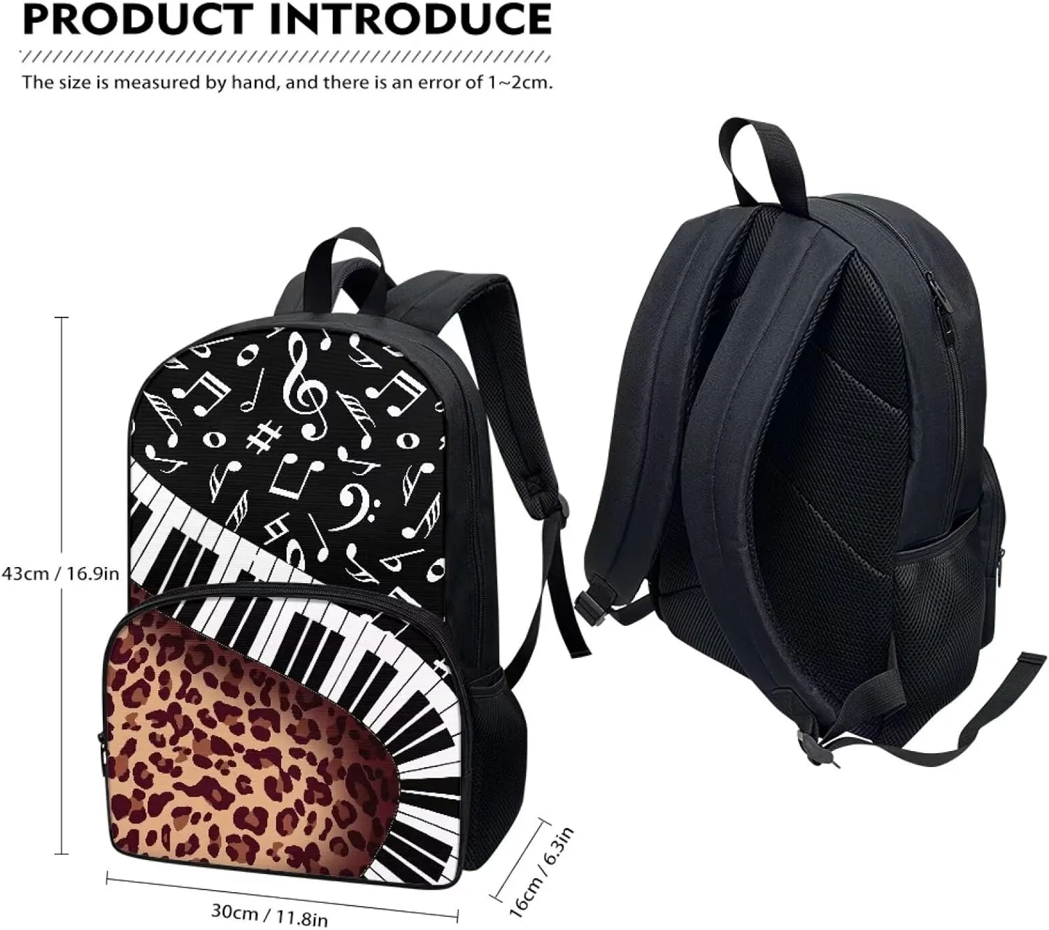 PinUp Angel Black White Musical Leopard Print Cute School Backpack for Boys Girls Teens Kids' School Bookbags Casual Travel Laptop School Bag