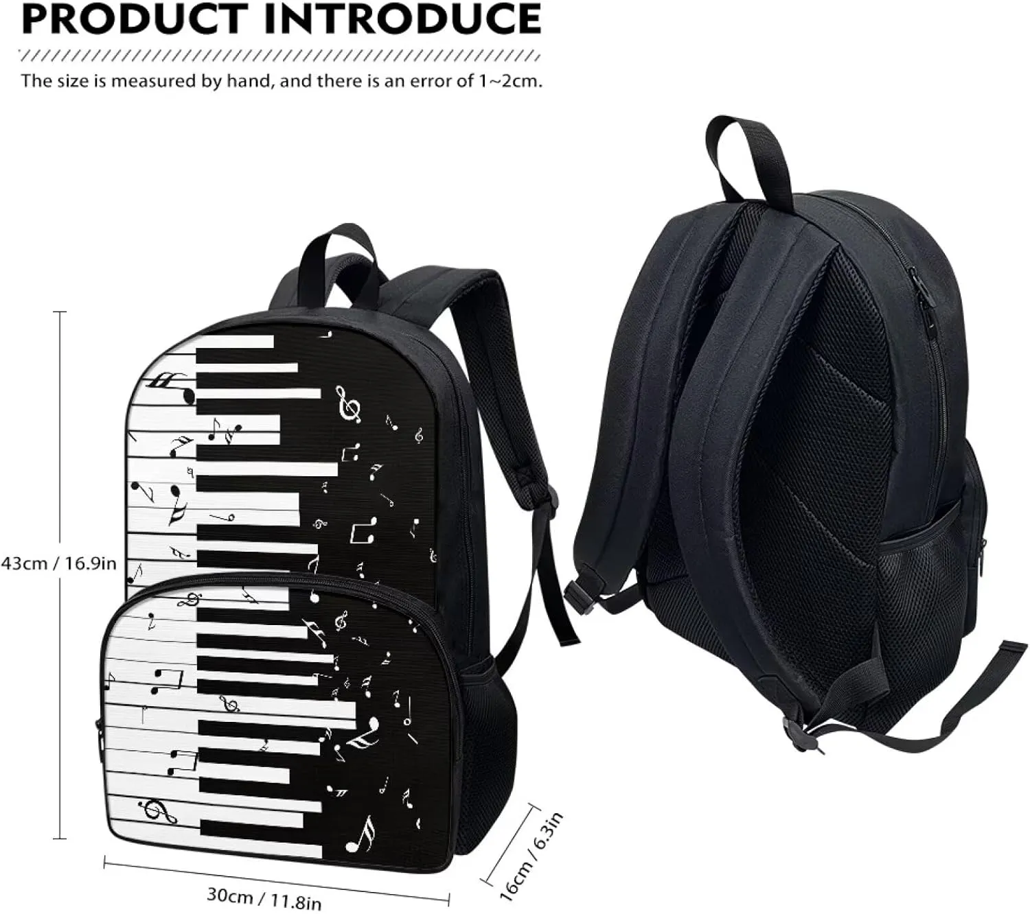 PinUp Angel Black White Piano Musical Print Cute Backpacks for Girls Boys School Bag, Casual Simple School Backpacks for Kids Water-resistant Bookbags