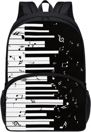 PinUp Angel Black White Piano Musical Print Cute Backpacks for Girls Boys School Bag, Casual Simple School Backpacks for Kids Water-resistant Bookbags