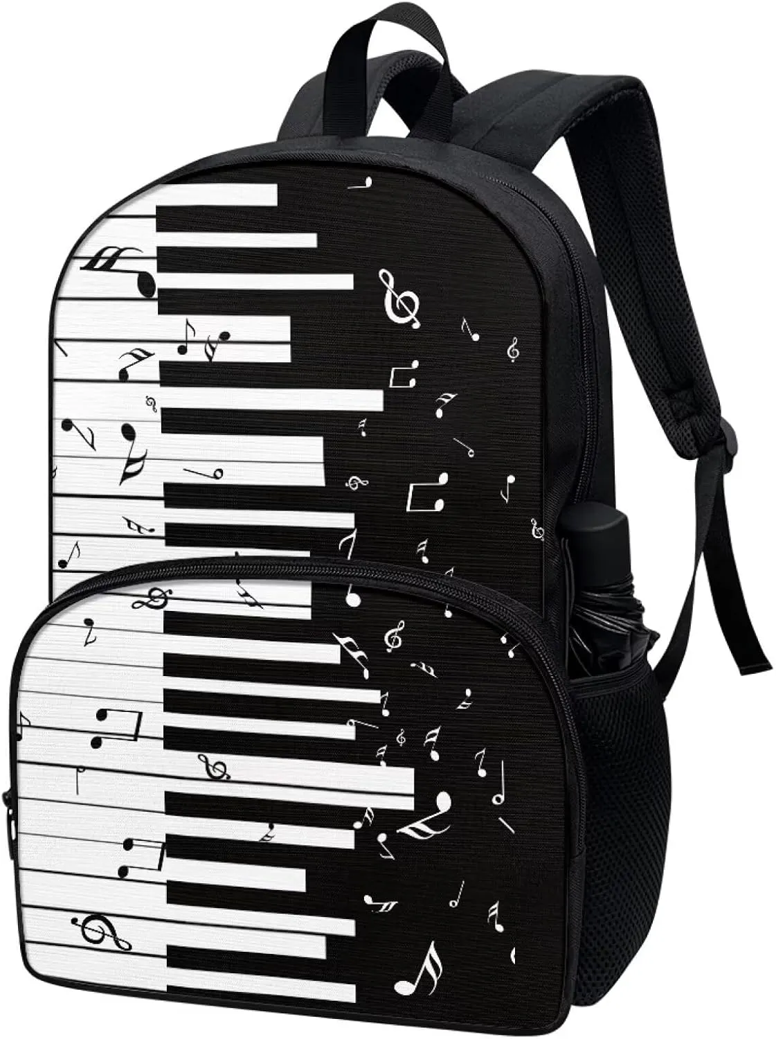 PinUp Angel Black White Piano Musical Print Cute Backpacks for Girls Boys School Bag, Casual Simple School Backpacks for Kids Water-resistant Bookbags