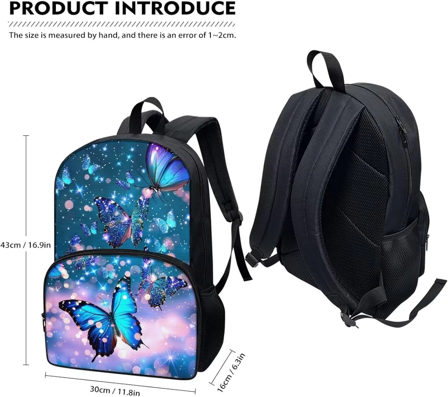 PinUp Angel Blue Butterfly Print Cute Backpacks for Girls Boys School Bag, Casual Simple School Backpacks for Kids Water-resistant Bookbags