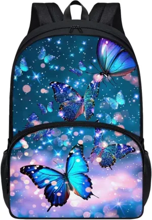 PinUp Angel Blue Butterfly Print Cute Backpacks for Girls Boys School Bag, Casual Simple School Backpacks for Kids Water-resistant Bookbags