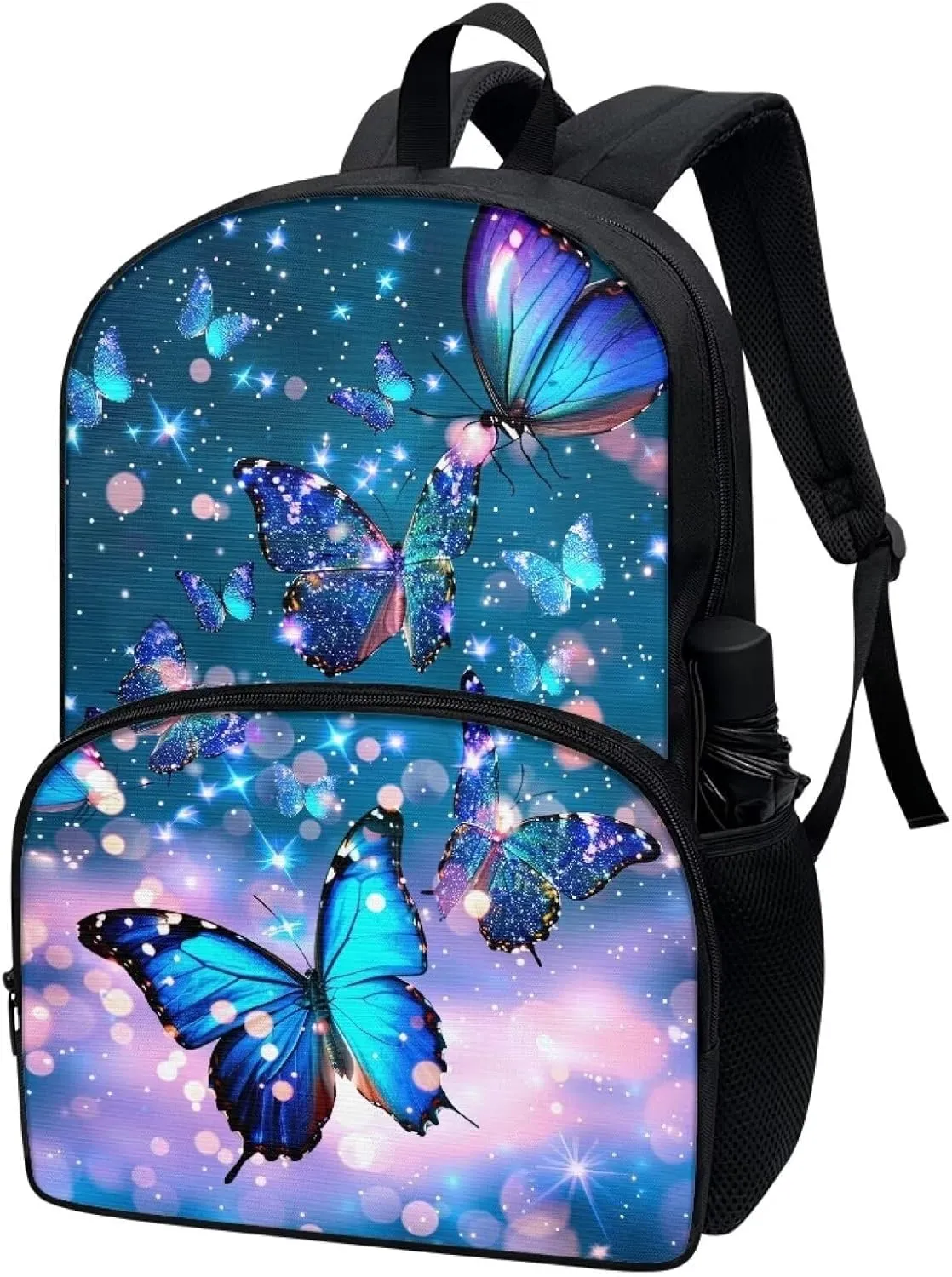 PinUp Angel Blue Butterfly Print Cute Backpacks for Girls Boys School Bag, Casual Simple School Backpacks for Kids Water-resistant Bookbags