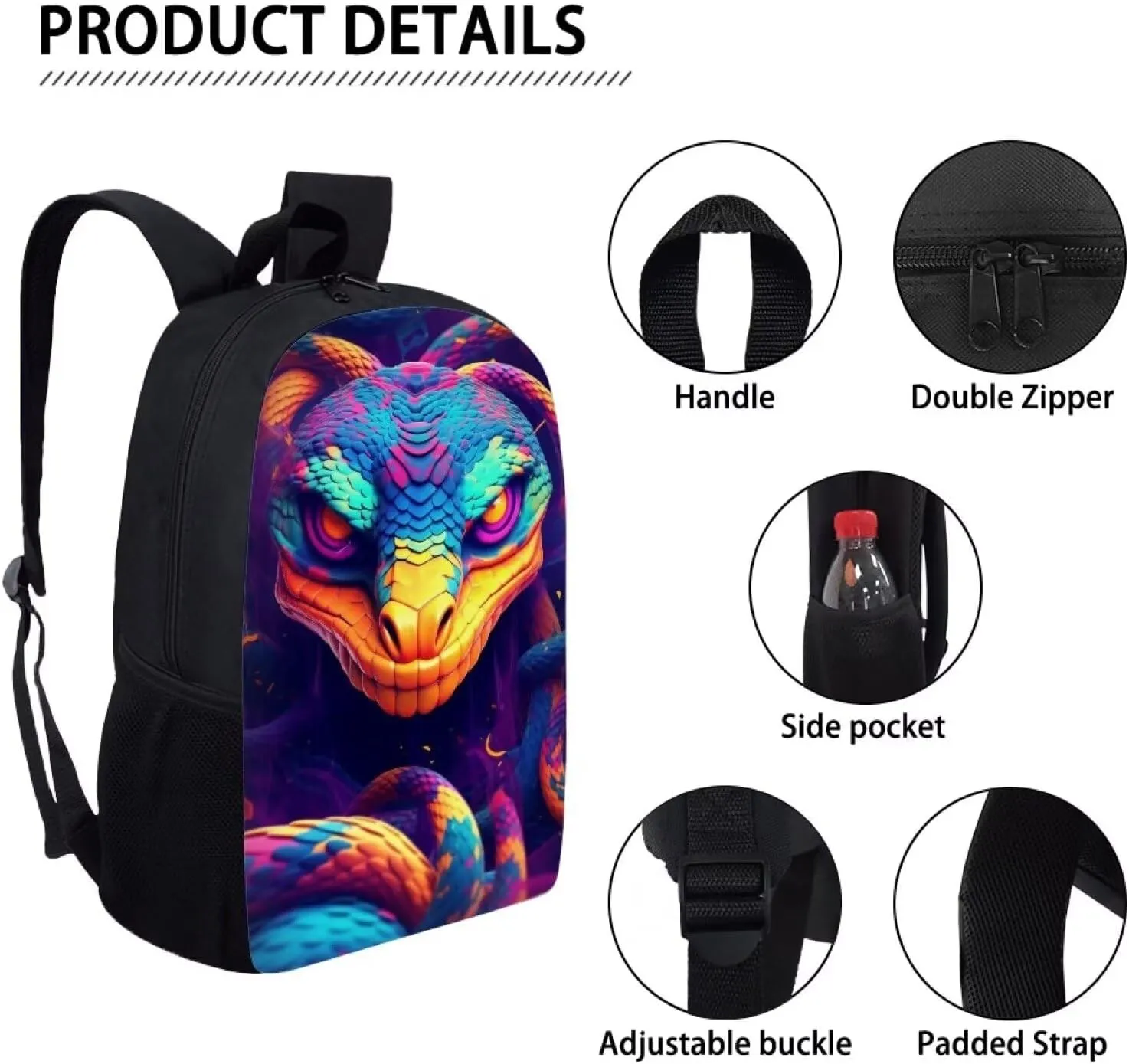 PinUp Angel Colorful Snake School Bag For Kids Backpack Cool Magical Animal Bag For Children Boys and Girls Bookbag