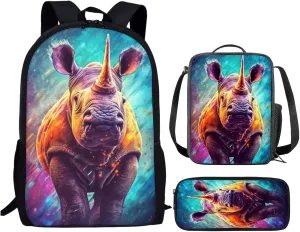 PinUp Angel Cool Rhinoceros Backpack For Kids School Bag With Lunch Bag and Pencil Bag, Cool Magical Animal Bag For Children Boys and Girls Bookbag