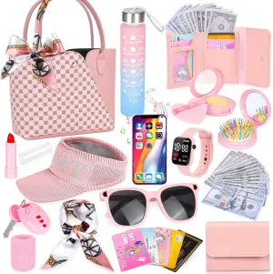 Play Purse for Little Girls, 34PCS Toddler Sports Purse with Sun Hat, Wristbands, Water Bottle, Princess Toys Includes Handbag, Wallet, Pretend Makeup for Kids Purse Birthday Gift for Girls 3 4 5 6  