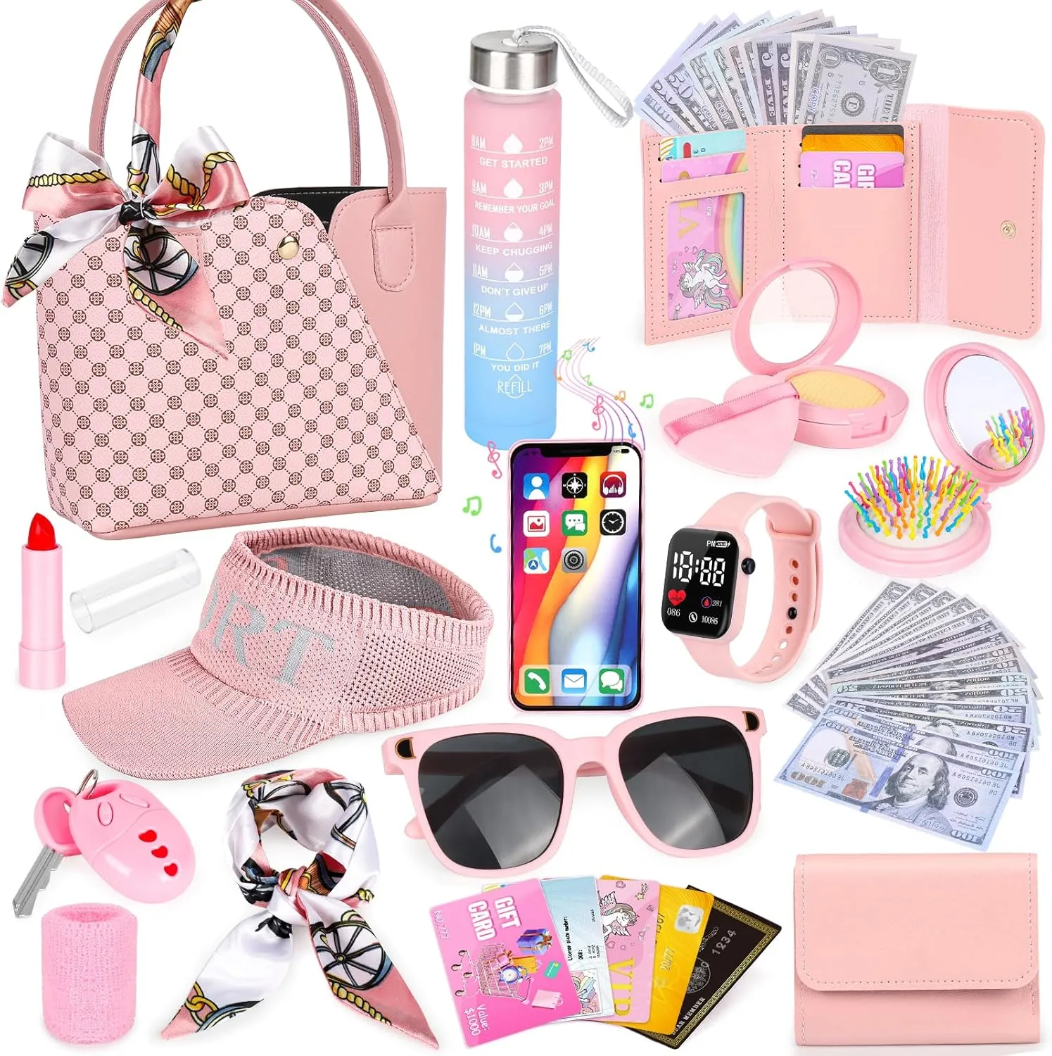 Play Purse for Little Girls, 34PCS Toddler Sports Purse with Sun Hat, Wristbands, Water Bottle, Princess Toys Includes Handbag, Wallet, Pretend Makeup for Kids Purse Birthday Gift for Girls 3 4 5 6  