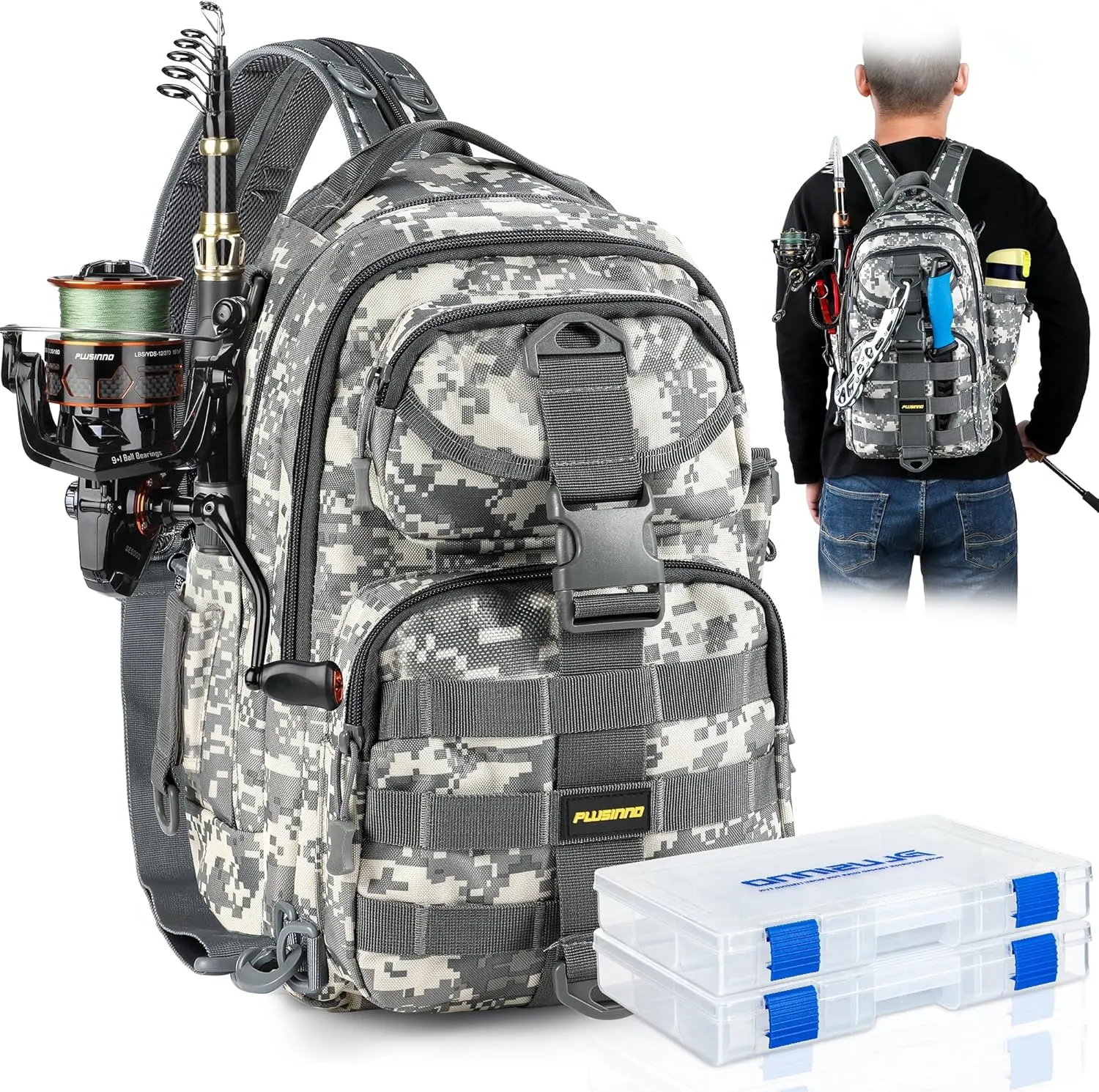 PLUSINNO Fishing Backpack with Rod Holder, Water-Resistant Tackle Bag - Ideal Gifts for Men