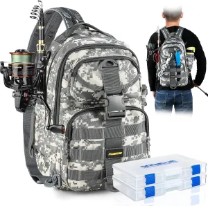 PLUSINNO Fishing Backpack with Rod Holder, Water-Resistant Tackle Bag - Ideal Gifts for Men