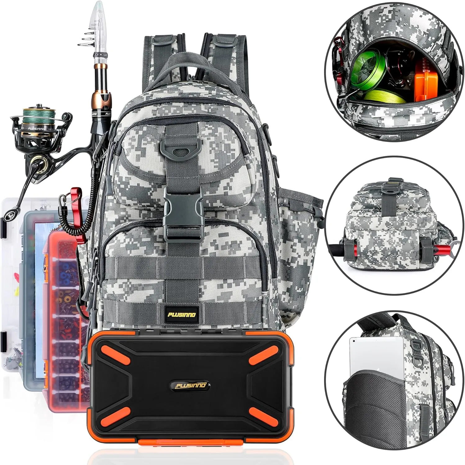 PLUSINNO Fishing Backpack with Rod Holder, Water-Resistant Tackle Bag - Ideal Gifts for Men