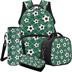Poceacles 4 PCS Boys Backpack and Lunch Bag Set Preschool Elementary School Bookbag Junior High Middle School Travel Laptop Bag for Teen Girls, Soccer Green
