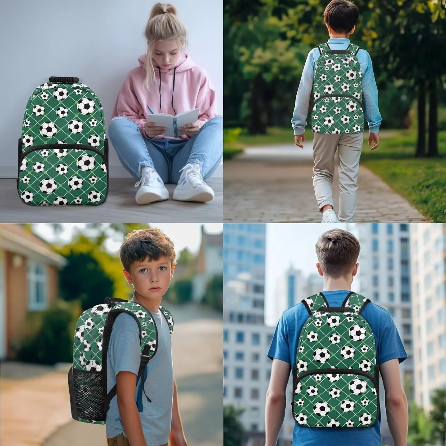 Poceacles 4 PCS Boys Backpack and Lunch Bag Set Preschool Elementary School Bookbag Junior High Middle School Travel Laptop Bag for Teen Girls, Soccer Green