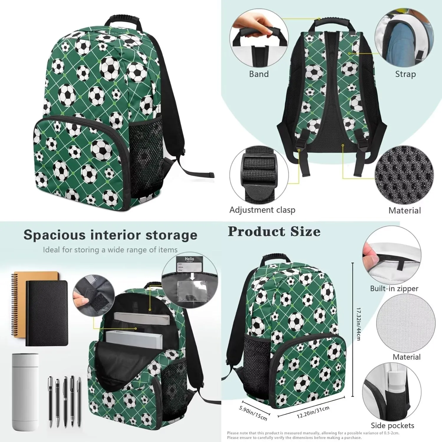 Poceacles 4 PCS Boys Backpack and Lunch Bag Set Preschool Elementary School Bookbag Junior High Middle School Travel Laptop Bag for Teen Girls, Soccer Green