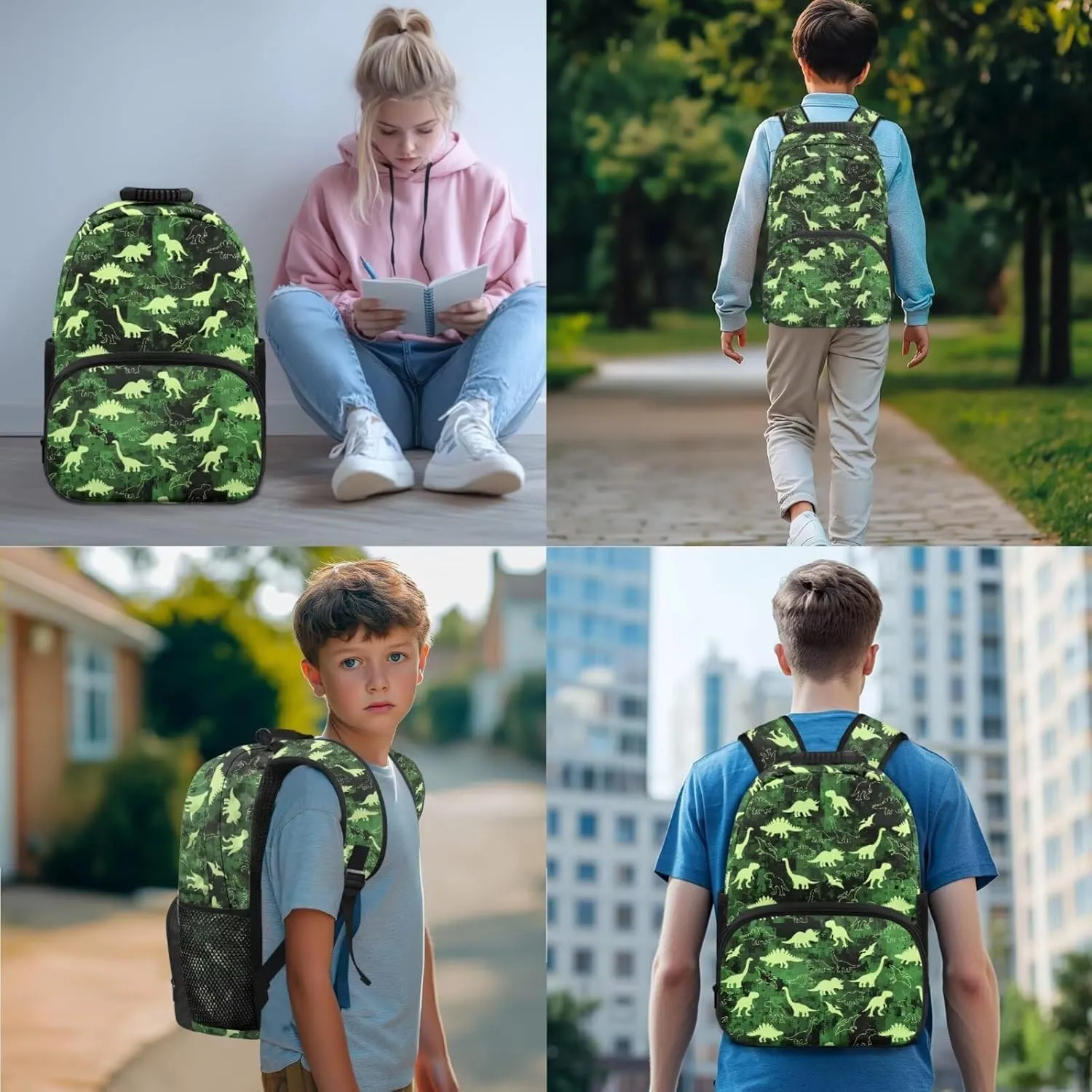Poceacles Boys Backpack Set 4 Piece Dinosaur School Bag Stegosaurus Apatosaurus Pterosaur Lunch Bag for Elementary Preschool Kindergarten, T. Rex Dinosaur Green Camo