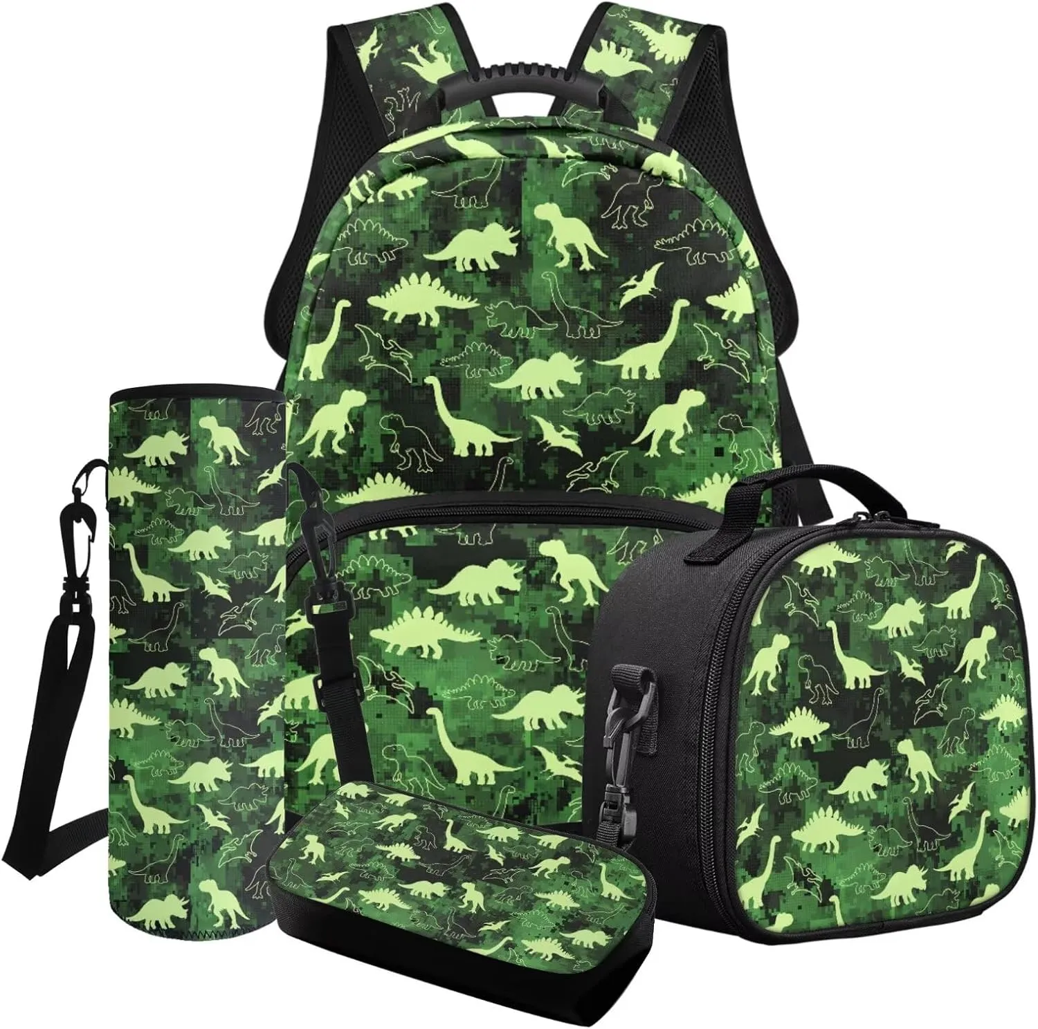 Poceacles Boys Backpack Set 4 Piece Dinosaur School Bag Stegosaurus Apatosaurus Pterosaur Lunch Bag for Elementary Preschool Kindergarten, T. Rex Dinosaur Green Camo