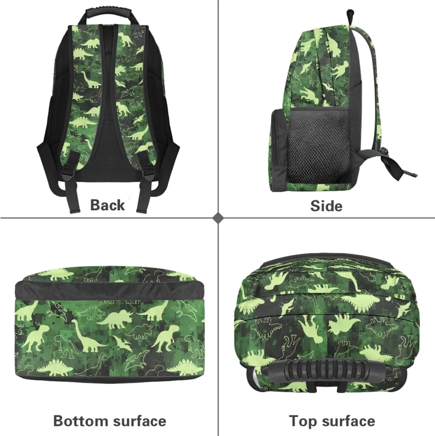 Poceacles Boys Backpack Set 4 Piece Dinosaur School Bag Stegosaurus Apatosaurus Pterosaur Lunch Bag for Elementary Preschool Kindergarten, T. Rex Dinosaur Green Camo