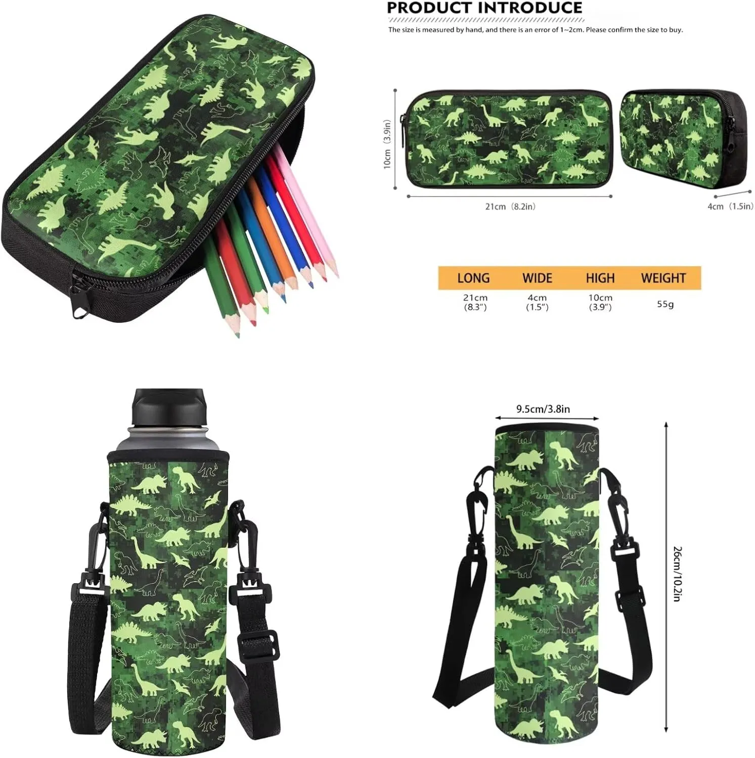 Poceacles Boys Backpack Set 4 Piece Dinosaur School Bag Stegosaurus Apatosaurus Pterosaur Lunch Bag for Elementary Preschool Kindergarten, T. Rex Dinosaur Green Camo