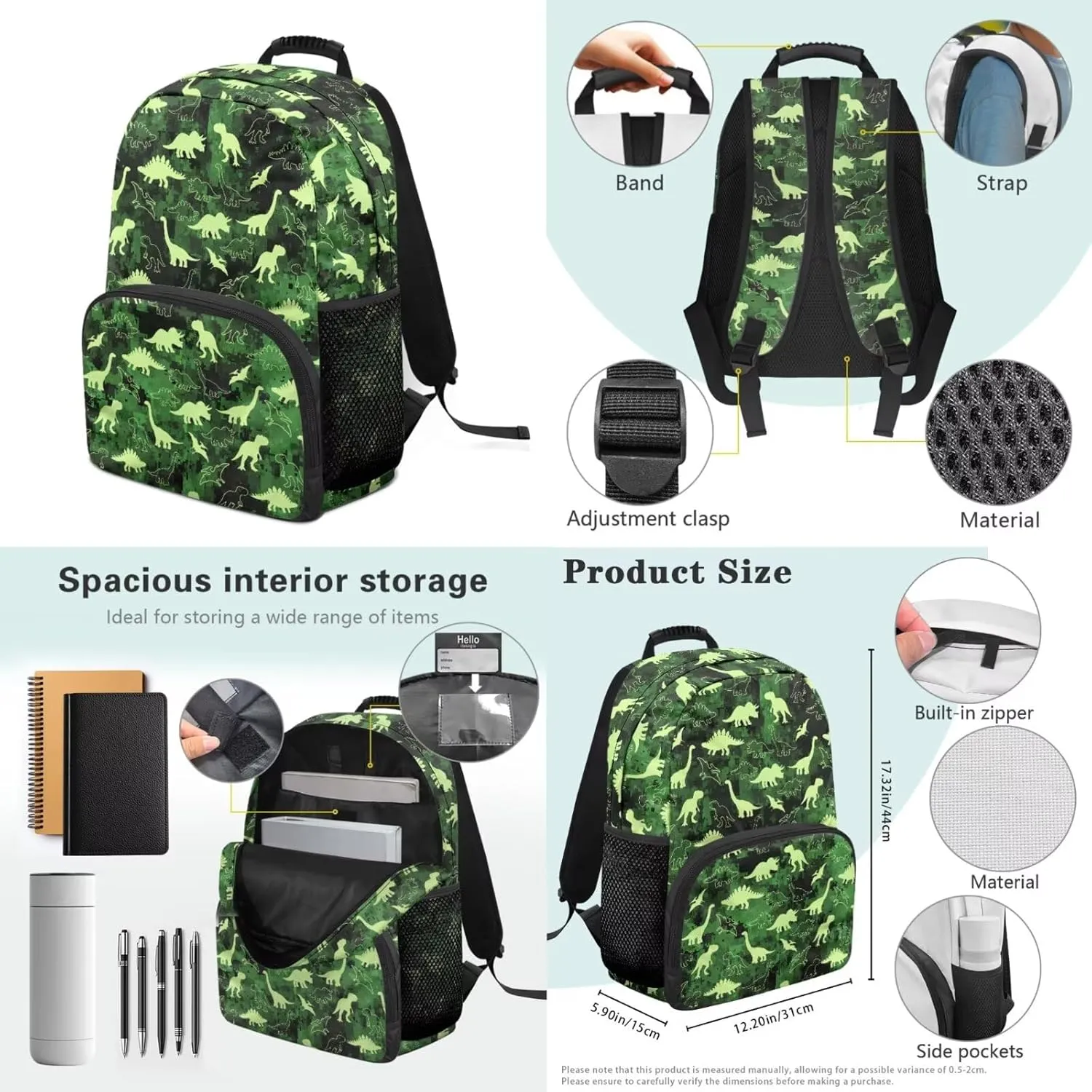 Poceacles Boys Backpack Set 4 Piece Dinosaur School Bag Stegosaurus Apatosaurus Pterosaur Lunch Bag for Elementary Preschool Kindergarten, T. Rex Dinosaur Green Camo