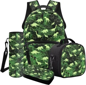 Poceacles Boys Backpack Set 4 Piece Dinosaur School Bag Stegosaurus Apatosaurus Pterosaur Lunch Bag for Elementary Preschool Kindergarten, T. Rex Dinosaur Green Camo