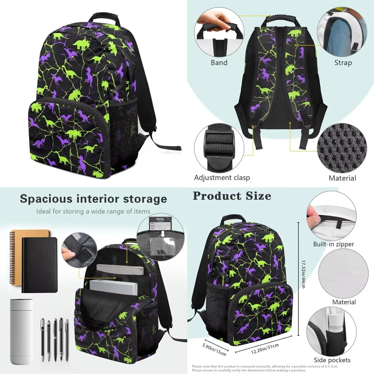 Poceacles Kids School Bag Set 4 PCS Boys Teens Backpack Sets Insulated Lunch Bag, T. Rex Apatosaurus Triceratops Pterosaur Print Bookbag, Dinosaur Marble Violet Green Black