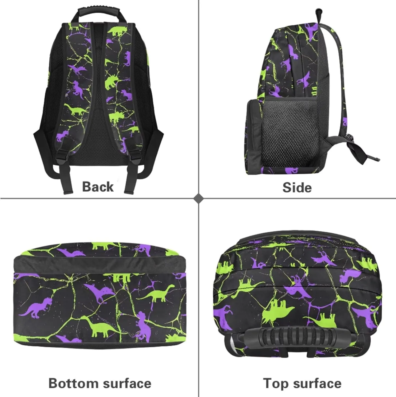 Poceacles Kids School Bag Set 4 PCS Boys Teens Backpack Sets Insulated Lunch Bag, T. Rex Apatosaurus Triceratops Pterosaur Print Bookbag, Dinosaur Marble Violet Green Black