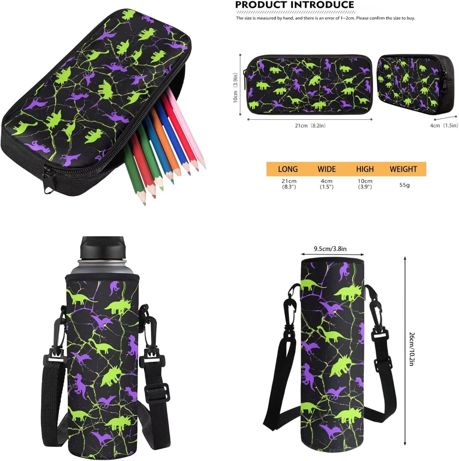 Poceacles Kids School Bag Set 4 PCS Boys Teens Backpack Sets Insulated Lunch Bag, T. Rex Apatosaurus Triceratops Pterosaur Print Bookbag, Dinosaur Marble Violet Green Black