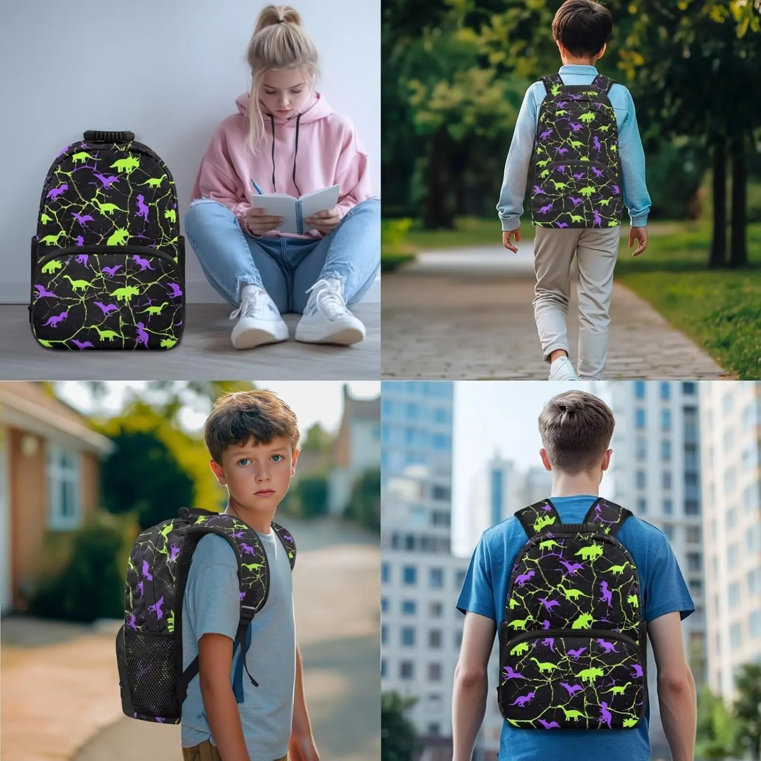 Poceacles Kids School Bag Set 4 PCS Boys Teens Backpack Sets Insulated Lunch Bag, T. Rex Apatosaurus Triceratops Pterosaur Print Bookbag, Dinosaur Marble Violet Green Black