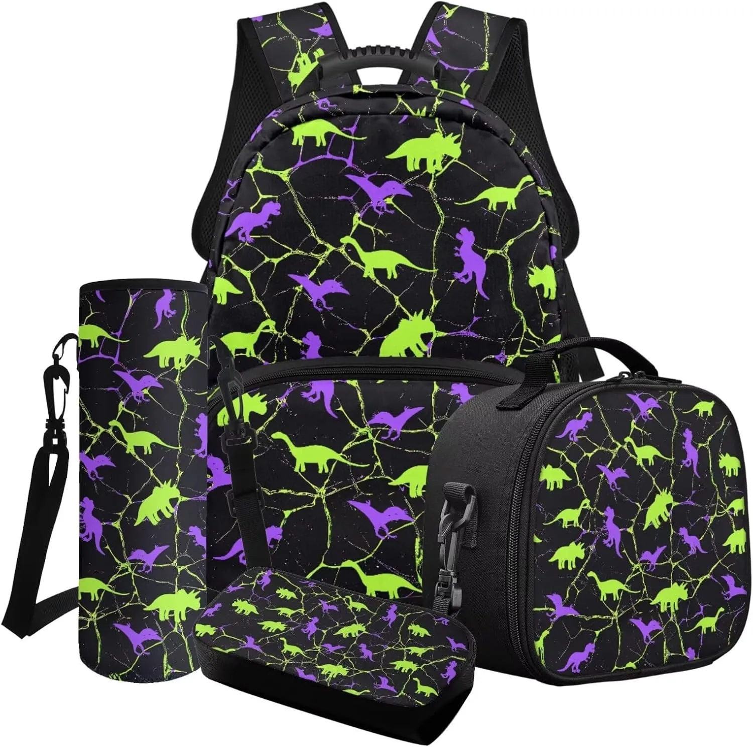 Poceacles Kids School Bag Set 4 PCS Boys Teens Backpack Sets Insulated Lunch Bag, T. Rex Apatosaurus Triceratops Pterosaur Print Bookbag, Dinosaur Marble Violet Green Black