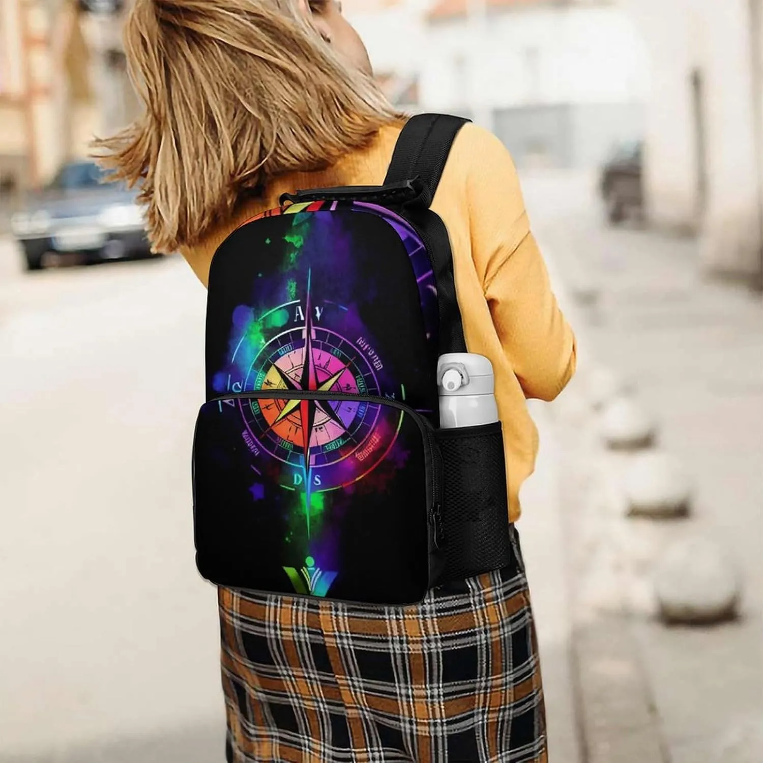 Polyester Daypack Backpack for Sports Travel Running - Big Capacity Anti-Theft Multipurpose Carry On Bag, Colorful Compass Arrow Art Laptop Book Bag Rucksack