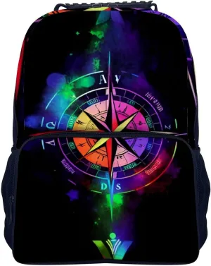 Polyester Daypack Backpack for Sports Travel Running - Big Capacity Anti-Theft Multipurpose Carry On Bag, Colorful Compass Arrow Art Laptop Book Bag Rucksack
