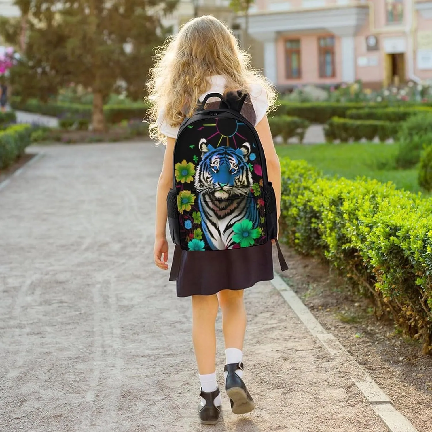 Polyester Daypack Bookbag for Gym Business Bicycle - Large Capacity Multipurpose Anti-Theft Carry On Bag, Trippy Tiger Animal Flower Art Travel Hiking Daypack