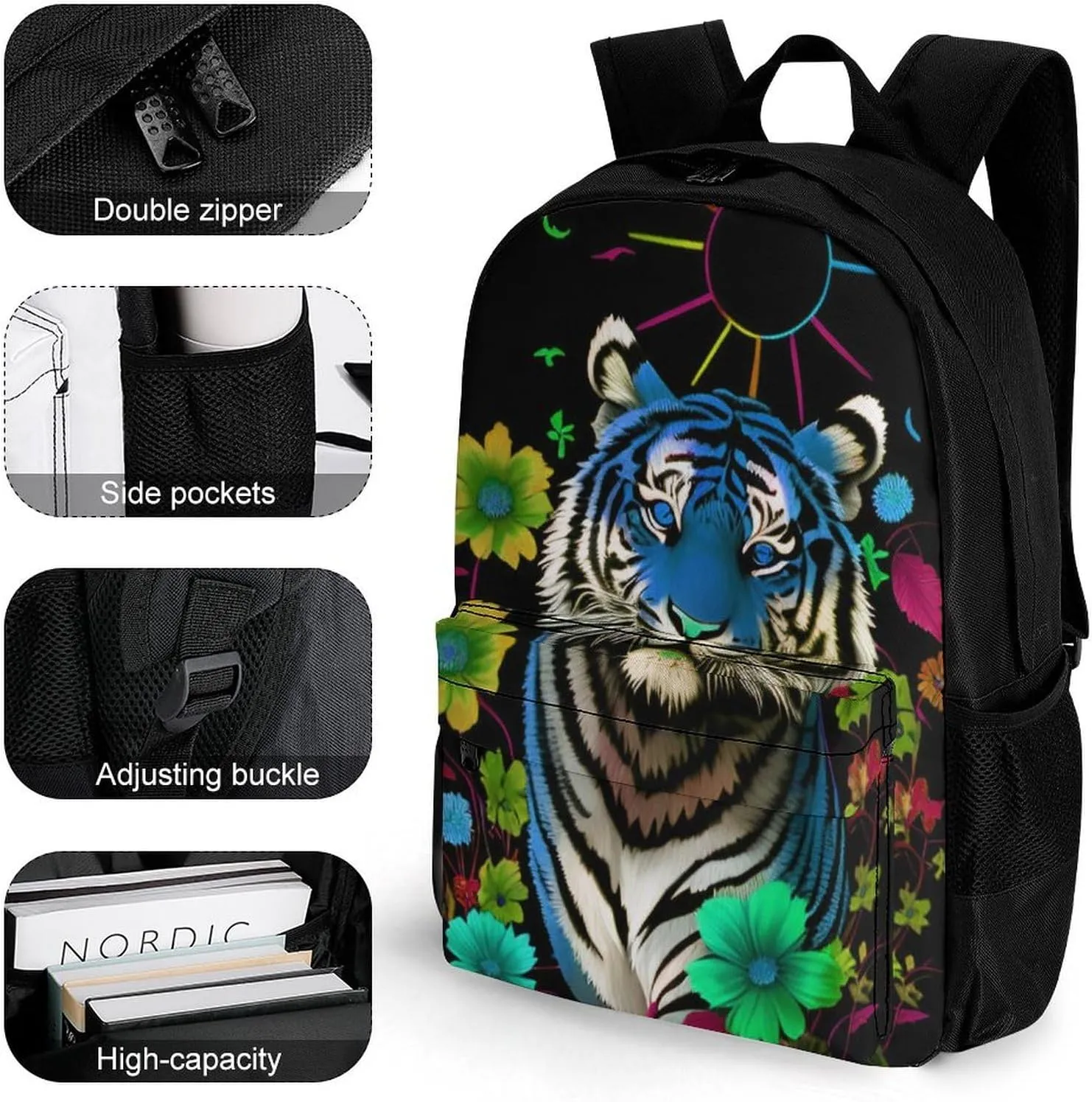 Polyester Daypack Bookbag for Gym Business Bicycle - Large Capacity Multipurpose Anti-Theft Carry On Bag, Trippy Tiger Animal Flower Art Travel Hiking Daypack