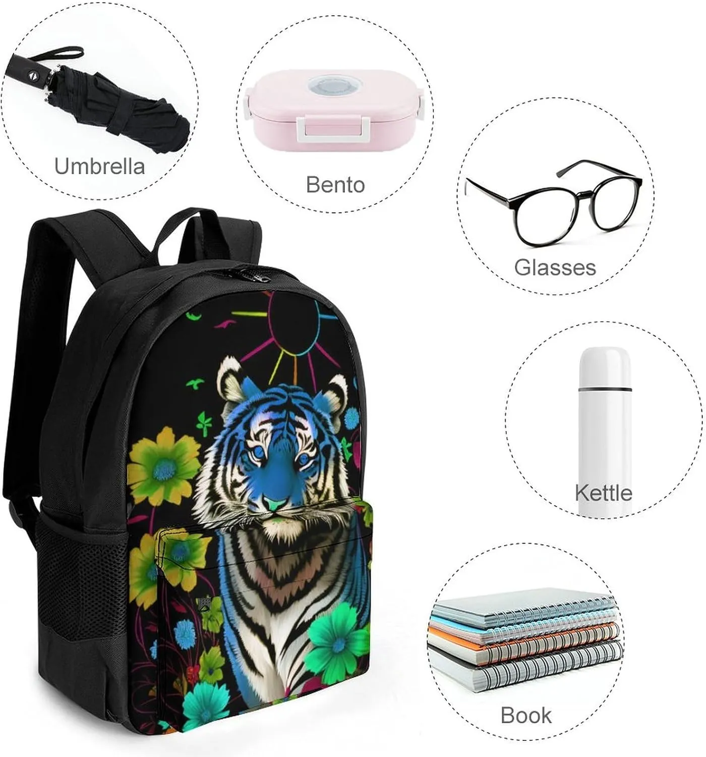 Polyester Daypack Bookbag for Gym Business Bicycle - Large Capacity Multipurpose Anti-Theft Carry On Bag, Trippy Tiger Animal Flower Art Travel Hiking Daypack