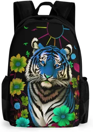 Polyester Daypack Bookbag for Gym Business Bicycle - Large Capacity Multipurpose Anti-Theft Carry On Bag, Trippy Tiger Animal Flower Art Travel Hiking Daypack