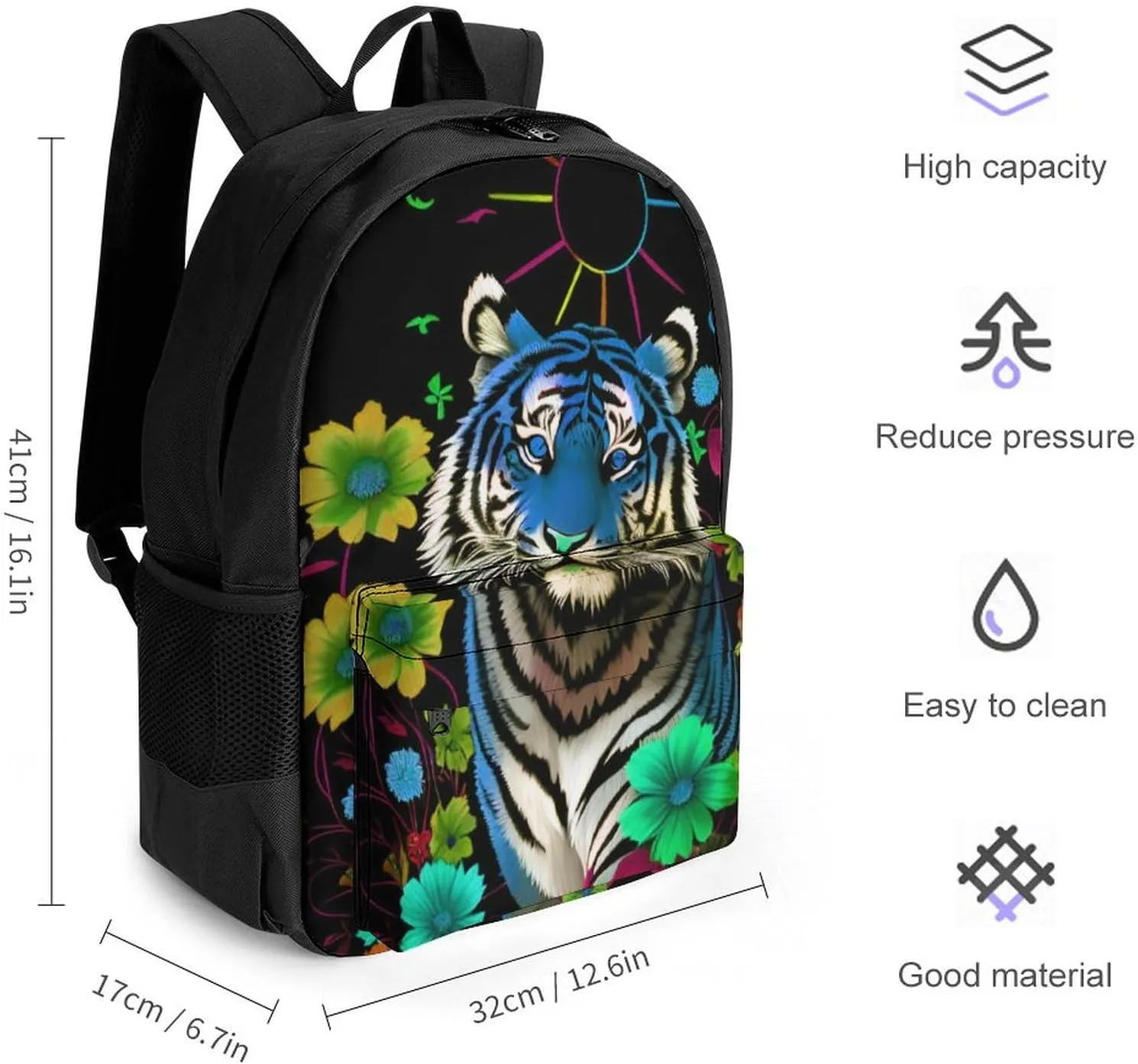 Polyester Daypack Bookbag for Gym Business Bicycle - Large Capacity Multipurpose Anti-Theft Carry On Bag, Trippy Tiger Animal Flower Art Travel Hiking Daypack