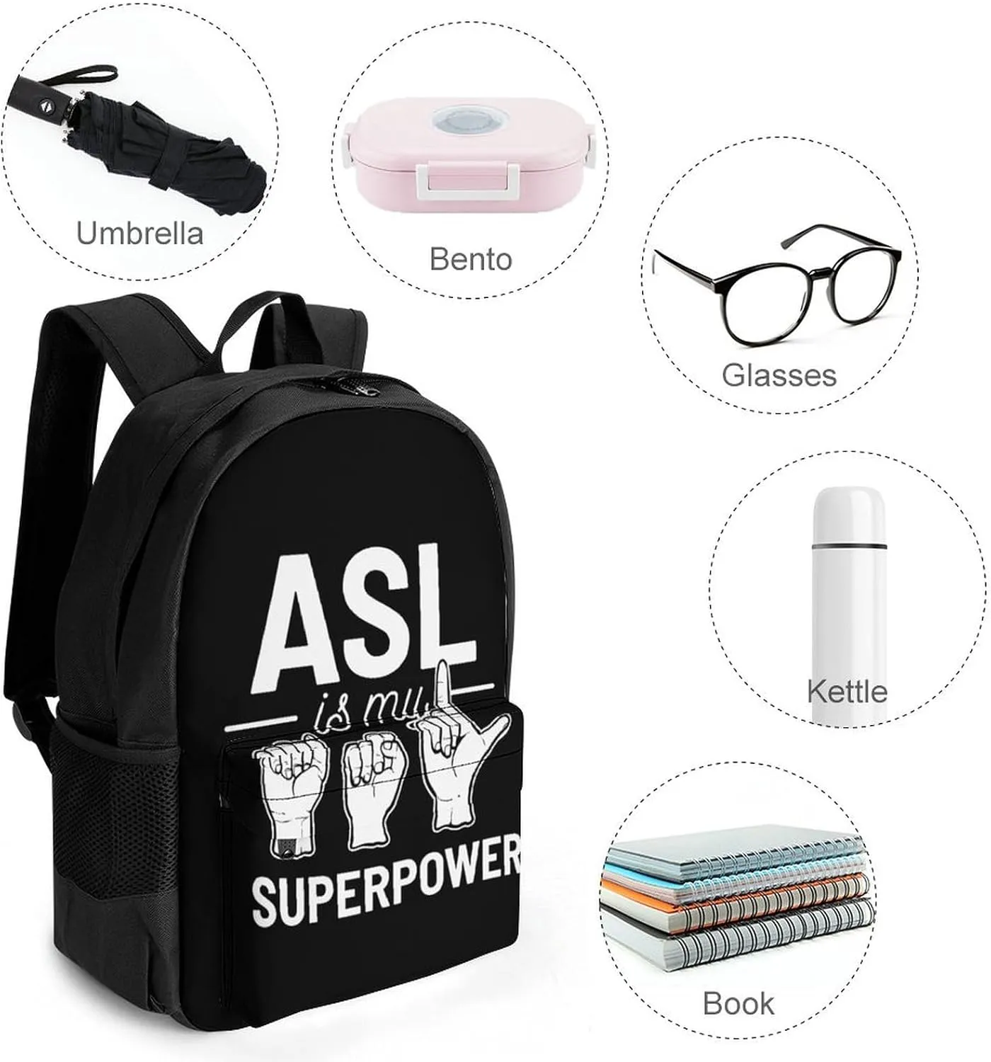 Polyester Daypack for Hiking Work Running - Big Capacity Anti-Theft Multipurpose Shoulder Bag, Asl Is My Superpower American Sign Language Art Travel and Sport Backpack Rucksack