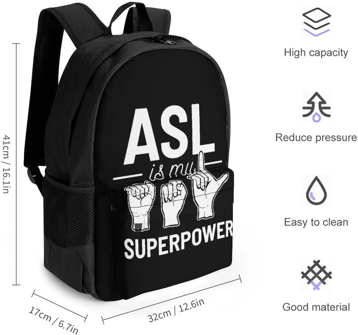Polyester Daypack for Hiking Work Running - Big Capacity Anti-Theft Multipurpose Shoulder Bag, Asl Is My Superpower American Sign Language Art Travel and Sport Backpack Rucksack