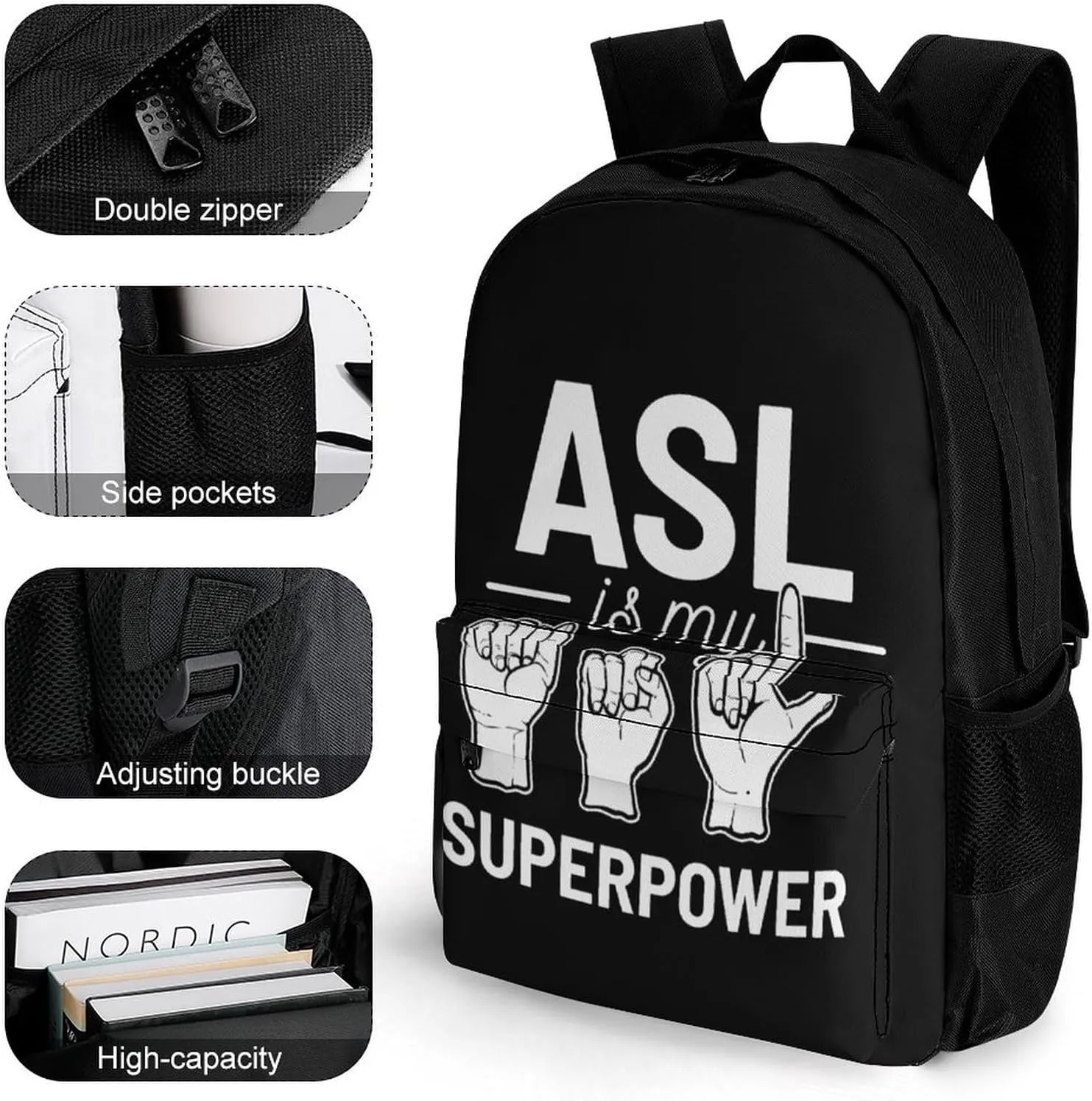 Polyester Daypack for Hiking Work Running - Big Capacity Anti-Theft Multipurpose Shoulder Bag, Asl Is My Superpower American Sign Language Art Travel and Sport Backpack Rucksack