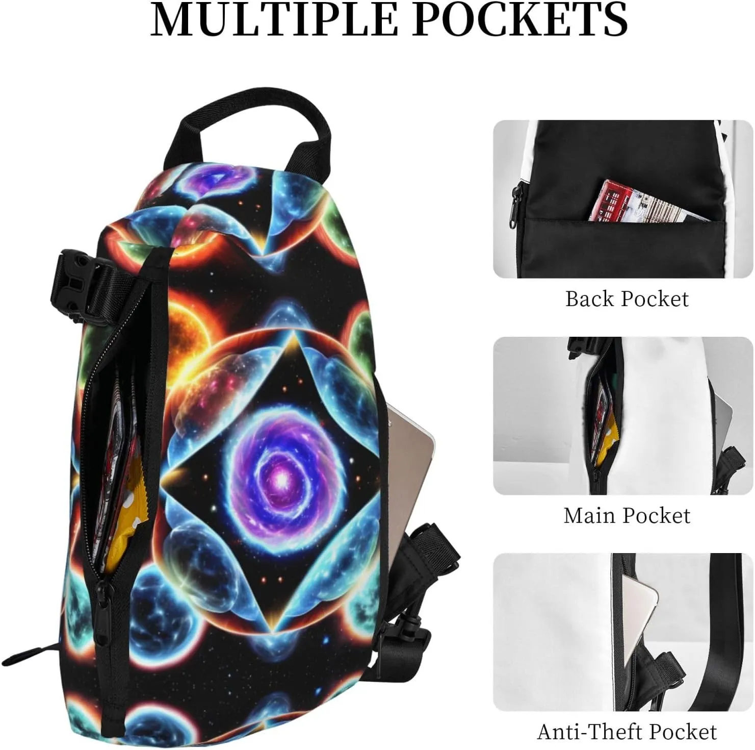 Polyester Fiber Waterproof Waist Bag -Backpack 4 Pocket Compartments Ideal for Outdoor Activities Cosmic Stars