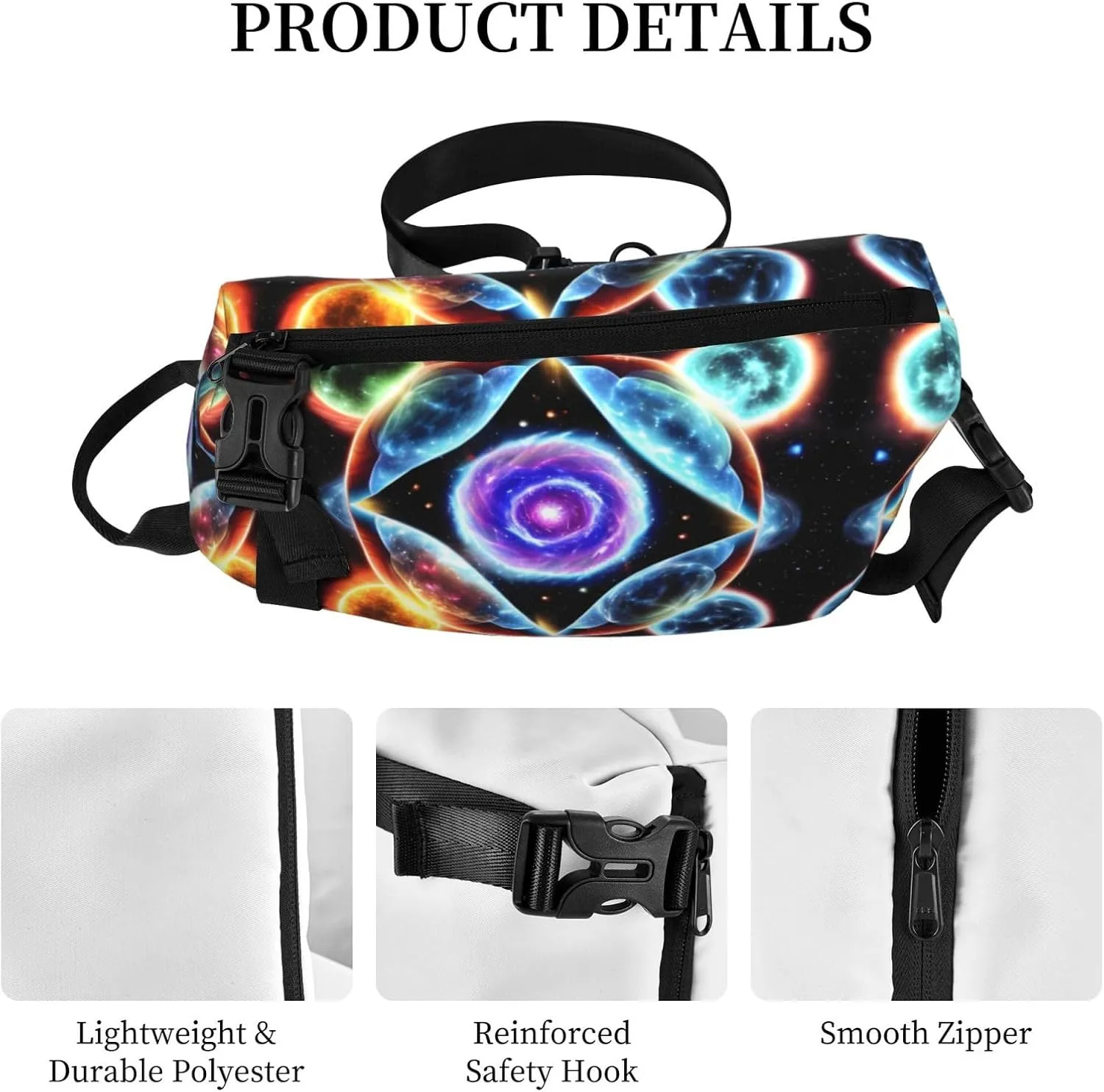 Polyester Fiber Waterproof Waist Bag -Backpack 4 Pocket Compartments Ideal for Outdoor Activities Cosmic Stars
