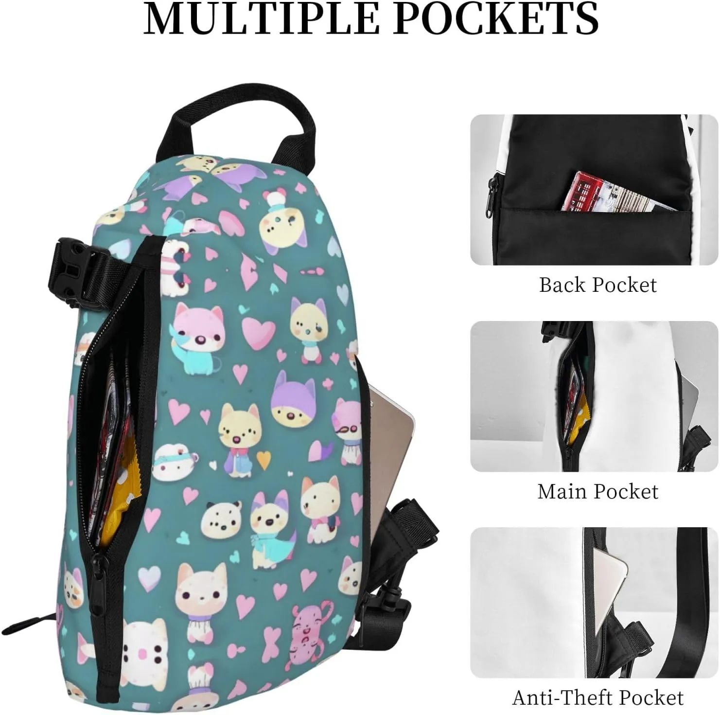 Polyester Fiber Waterproof Waist Bag -Backpack 4 Pocket Compartments Ideal for Outdoor Activities Cute little fox