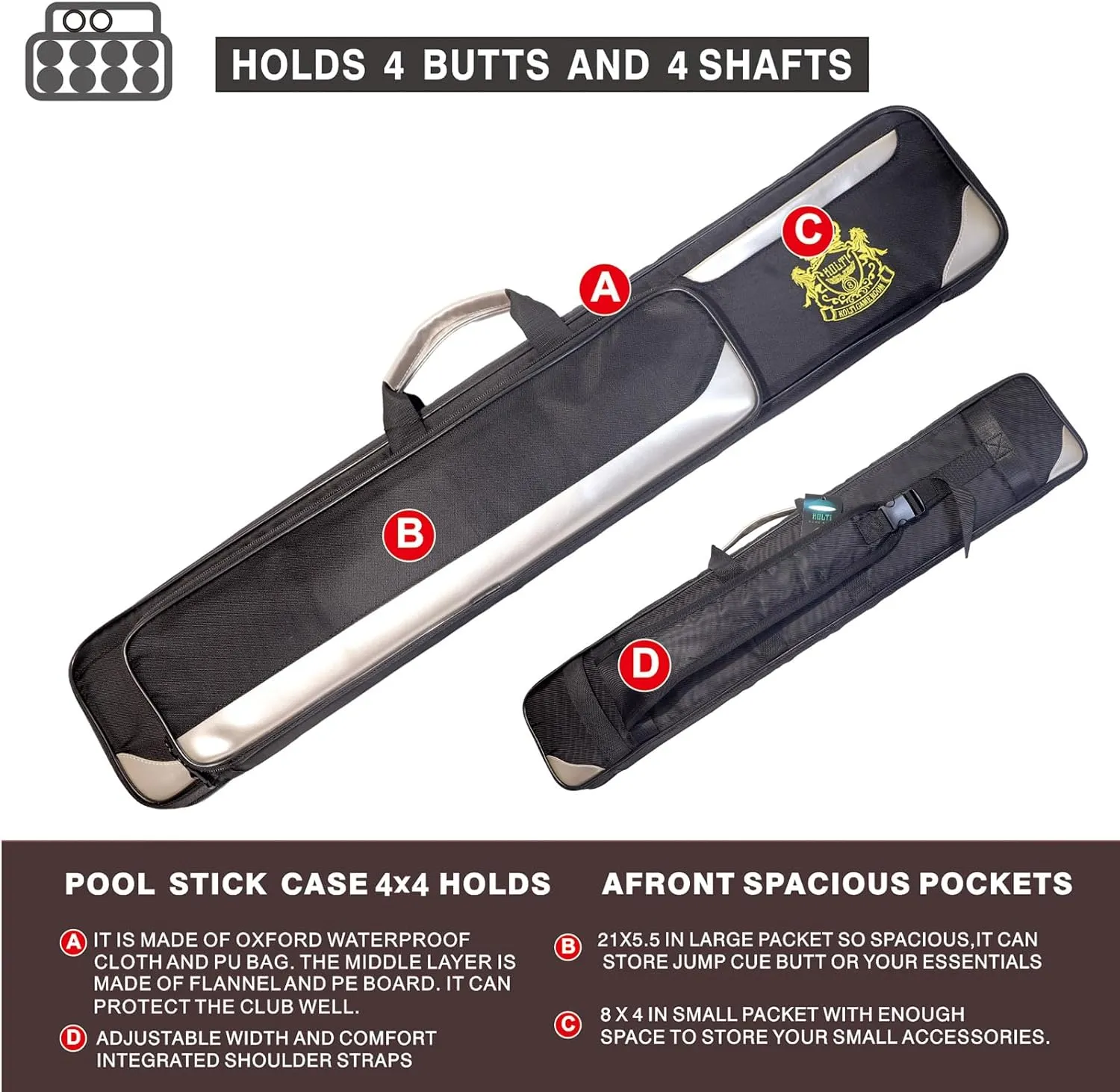 Pool Cue Case, Pool Cue Carrying Case Soft Padded Billiard Stick Bag with Multi-pocket for Butts and Shafts, Pool Stick Case Cue Bag with Straps for Pool Cues & Accessories