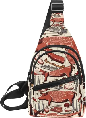 Pork cow goose chicken duck rabbit kitch (1) Sling Backpack Crossbody Bag Convertible, Small Diaper Bag Hiking Daypacks
