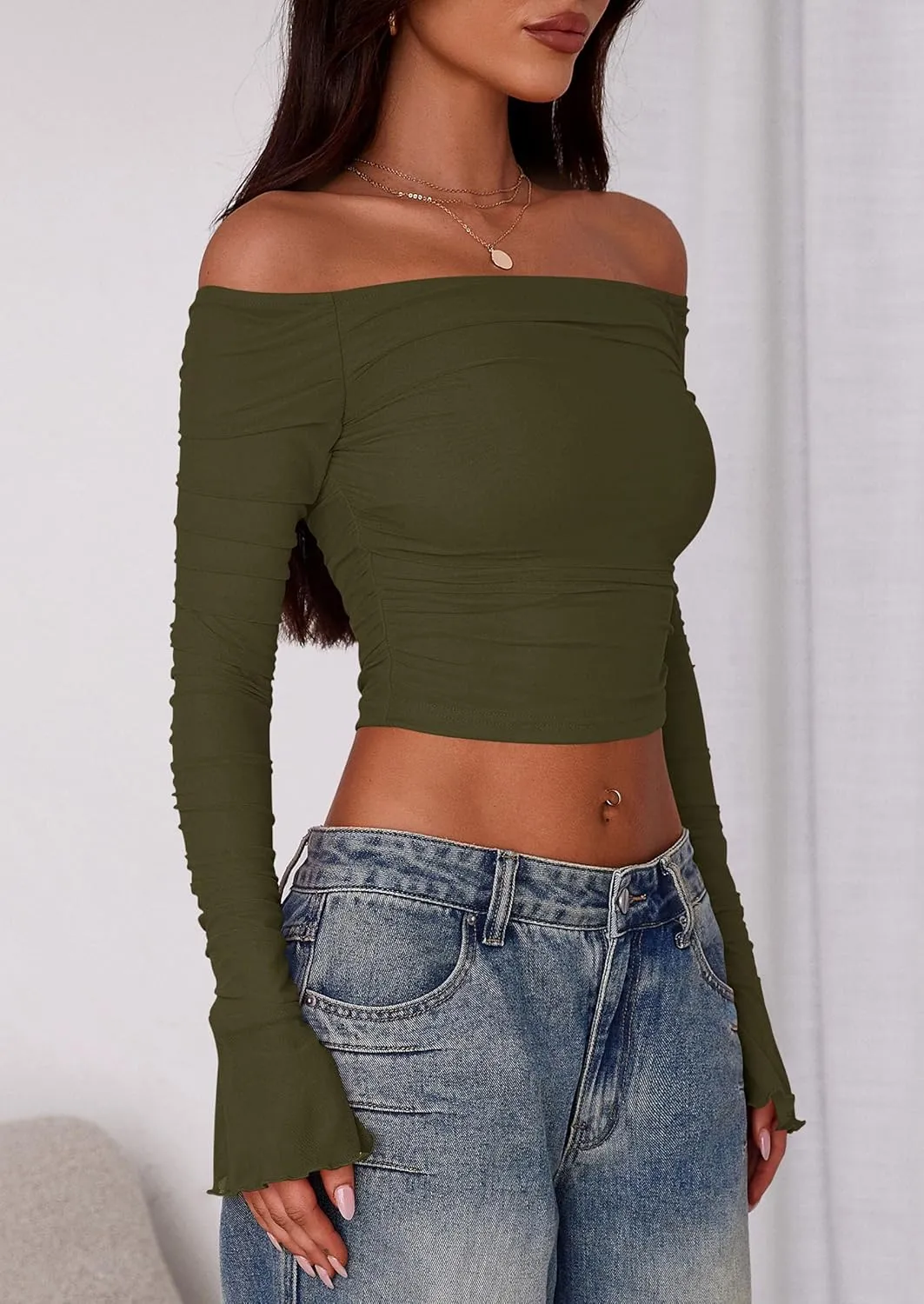 PRETTYGARDEN Womens Long Sleeve T Shirts Casual Off Shoulder Ruched Mesh Slim Fit Crop Tops Going Out Summer Blouses