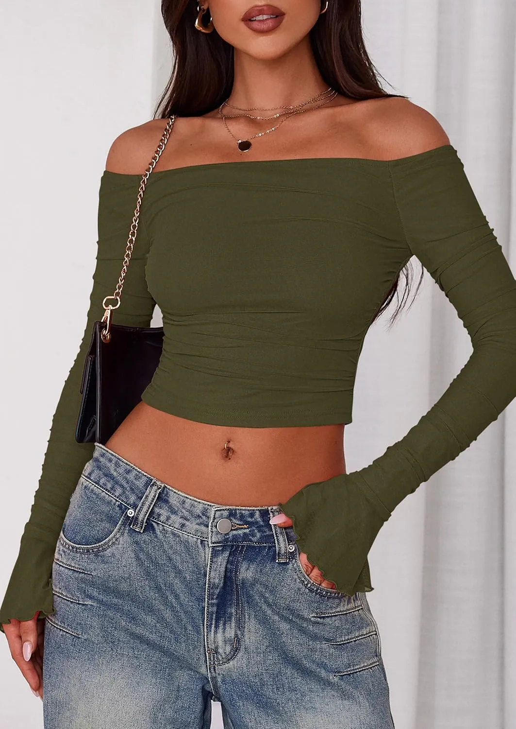 PRETTYGARDEN Womens Long Sleeve T Shirts Casual Off Shoulder Ruched Mesh Slim Fit Crop Tops Going Out Summer Blouses