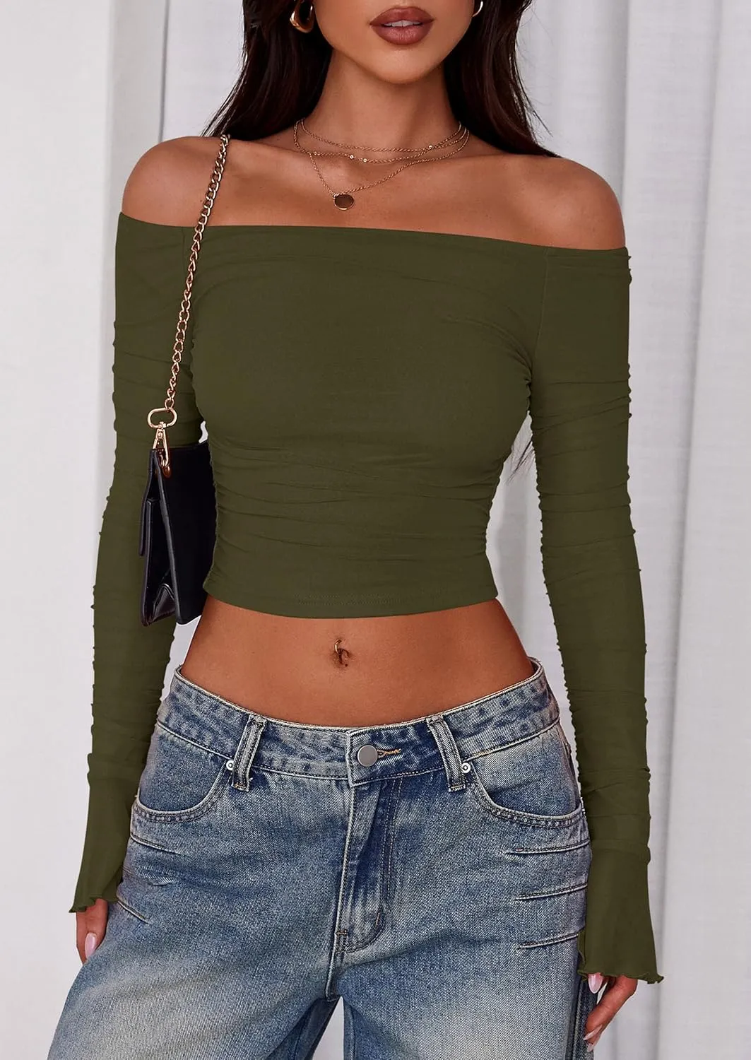 PRETTYGARDEN Womens Long Sleeve T Shirts Casual Off Shoulder Ruched Mesh Slim Fit Crop Tops Going Out Summer Blouses