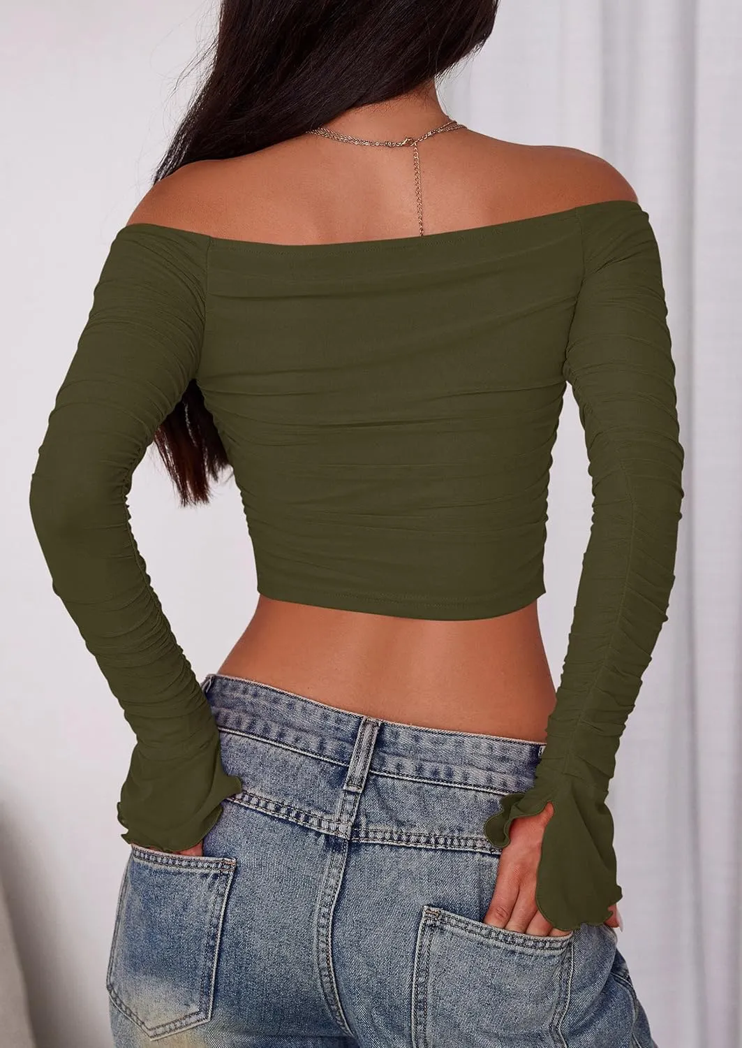 PRETTYGARDEN Womens Long Sleeve T Shirts Casual Off Shoulder Ruched Mesh Slim Fit Crop Tops Going Out Summer Blouses