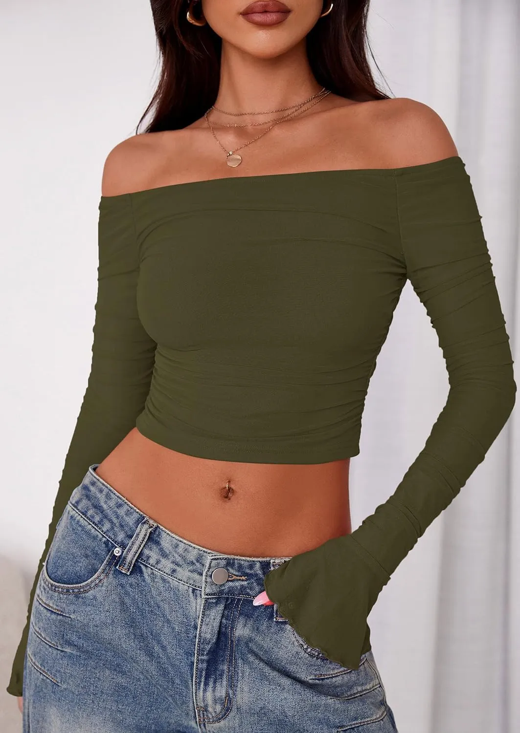 PRETTYGARDEN Womens Long Sleeve T Shirts Casual Off Shoulder Ruched Mesh Slim Fit Crop Tops Going Out Summer Blouses