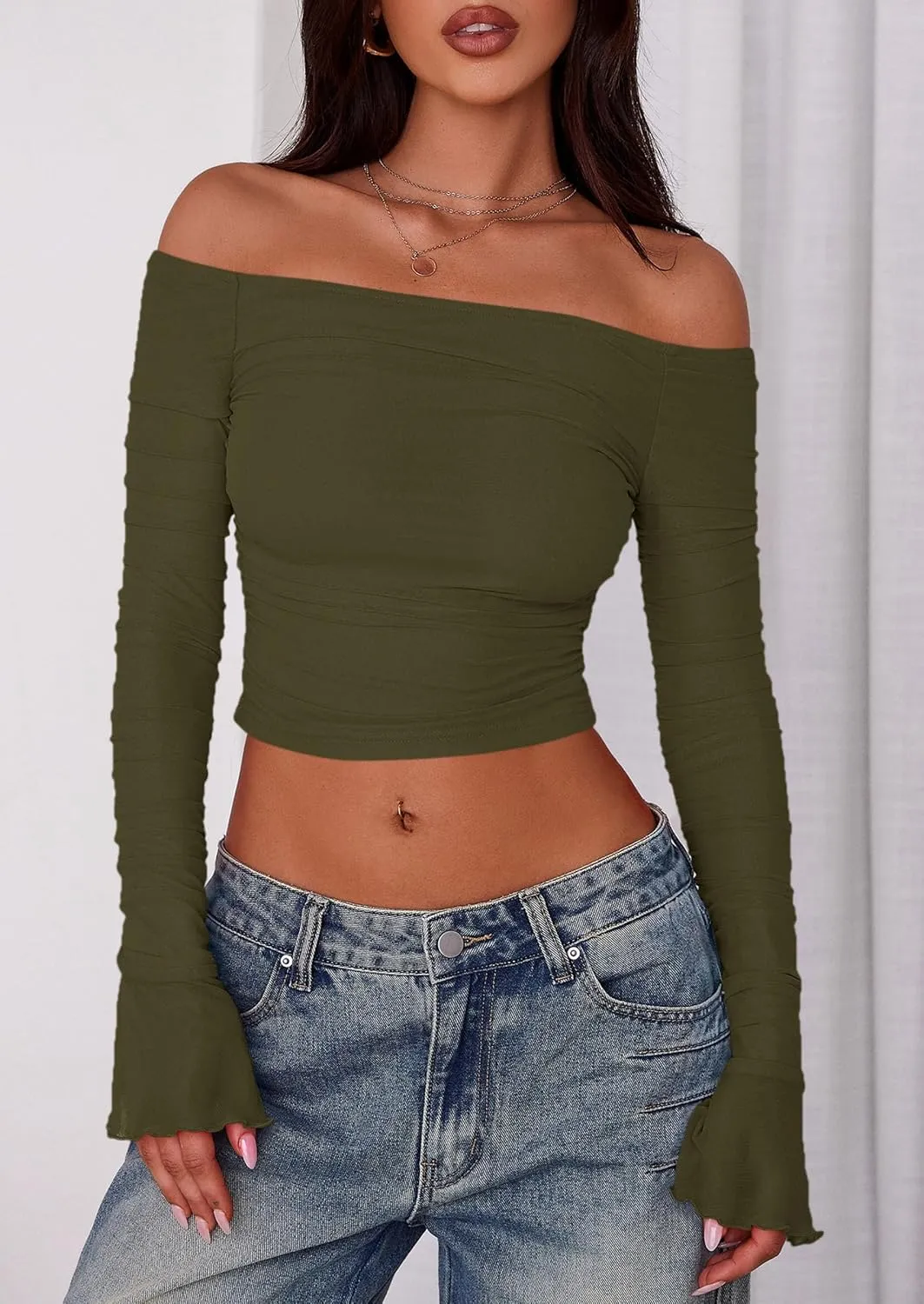 PRETTYGARDEN Womens Long Sleeve T Shirts Casual Off Shoulder Ruched Mesh Slim Fit Crop Tops Going Out Summer Blouses